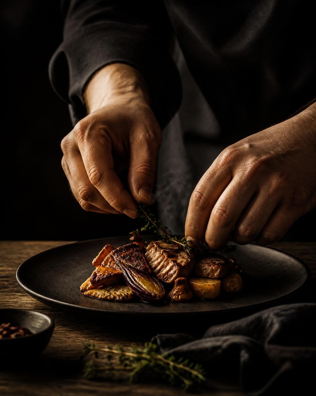 A chef's hands finishing a plated dish with fresh thyme
