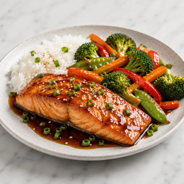 Salmon teriyaki with vegetables from KAI’s approved recipe photography