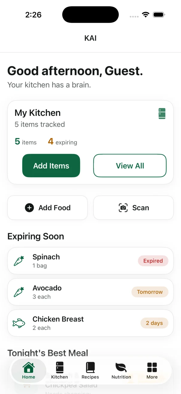 KAI Home screen showing My Kitchen, expiring-soon items, and recipe suggestions